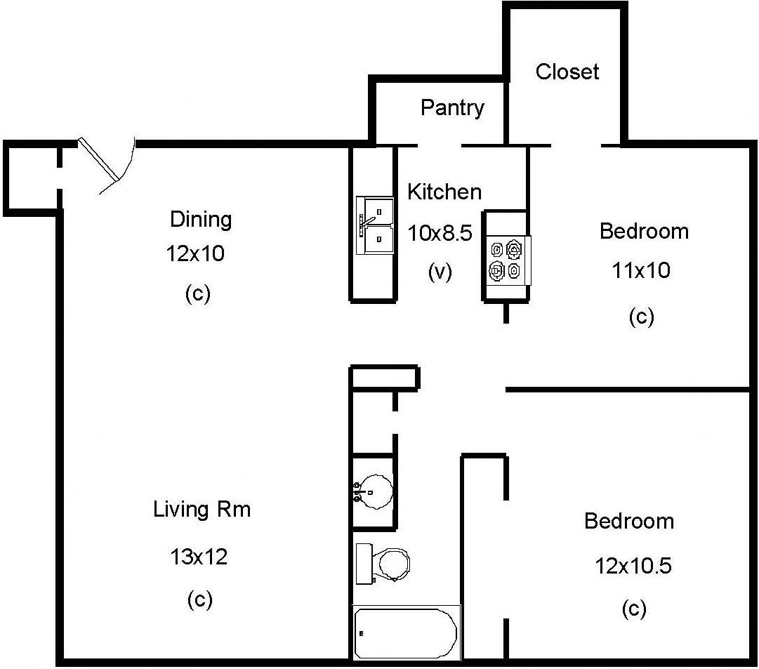 Floor plan for 2 beds, 1 bath, 786 sqft